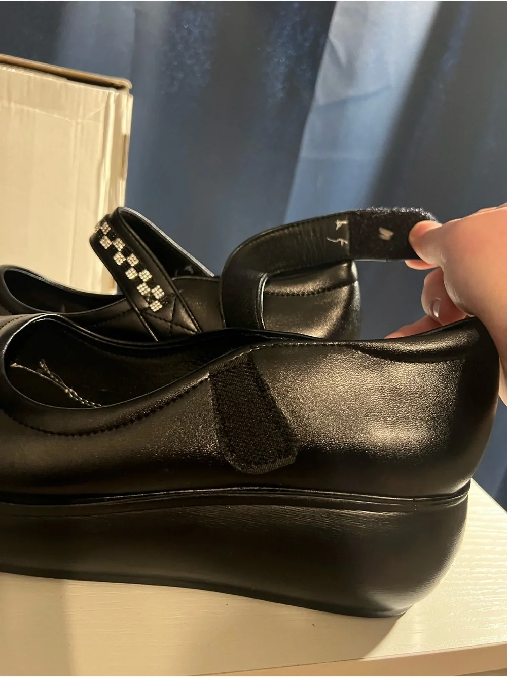 Black Platform Mary Jane Wedges with Rhinestone Strap – Brand New